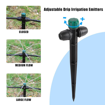 Anti-Drop Drip Irrigation Emitters for 1/4" Irrigation Tubing,Double Hole Design Adjustable 360 Degree Drip Emitters on 6.5" Stake for Garden Irrigation Watering System(25pc-Green drip)