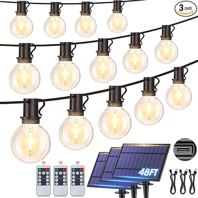 Mlambert 144FT(3x48FT) Solar String Lights with Remote, Outdoor Waterproof Patio Light with 54 LED Shatterproof G40 Bulbs(3 Spare) for Yard-Black Wire