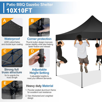 COBIZI 10x10 Pop Up Canopy Tent 10x10 Easy up Canopy, Heavy Duty Outdoor Canopy UPF 50+ All Weather Waterproof Instant Party Tents for Parties Gazebo with Handbag, Black(Windproof Upgraded)