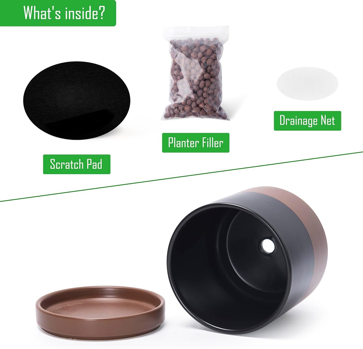 D'vine Dev 4.7 Inch & 6.5 Inch Ceramic Planter Pots for Plants with Drainage Hole and Saucer, Small Plant Pots Set, Black/Speckled Tan, 94-G-S-7