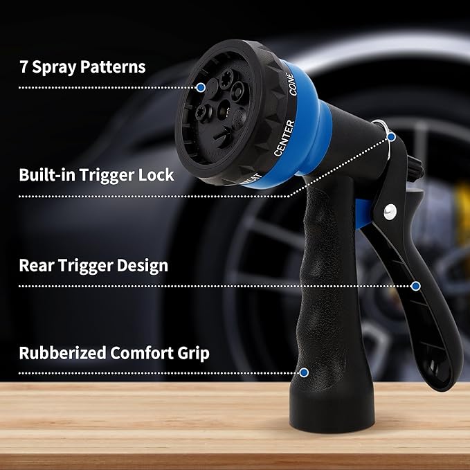 NEXCOVER Garden Hose Nozzle Sprayer - 7 Adjustable Watering Patterns Nozzle for Water Hose, Non-Slip Garden Spray Nozzle for Car Washing, Watering Plants, Pets Showering, Lawns Cleaning, Blue