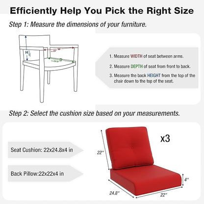 Joyside Outdoor Chair Cushions Set, 22x25/22x24 Inch Patio Furniture Deep Seat Cushions, Water Resistant & Thick Cushion, Outdoor Replacement Cushions for Seat and Sofa (Red, 3 Set)