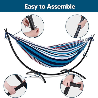 SUNCREAT Hammocks for Outside with Stand, Porch Hammock and Stand, 475 lbs Capacity, Blue & Red Stripes