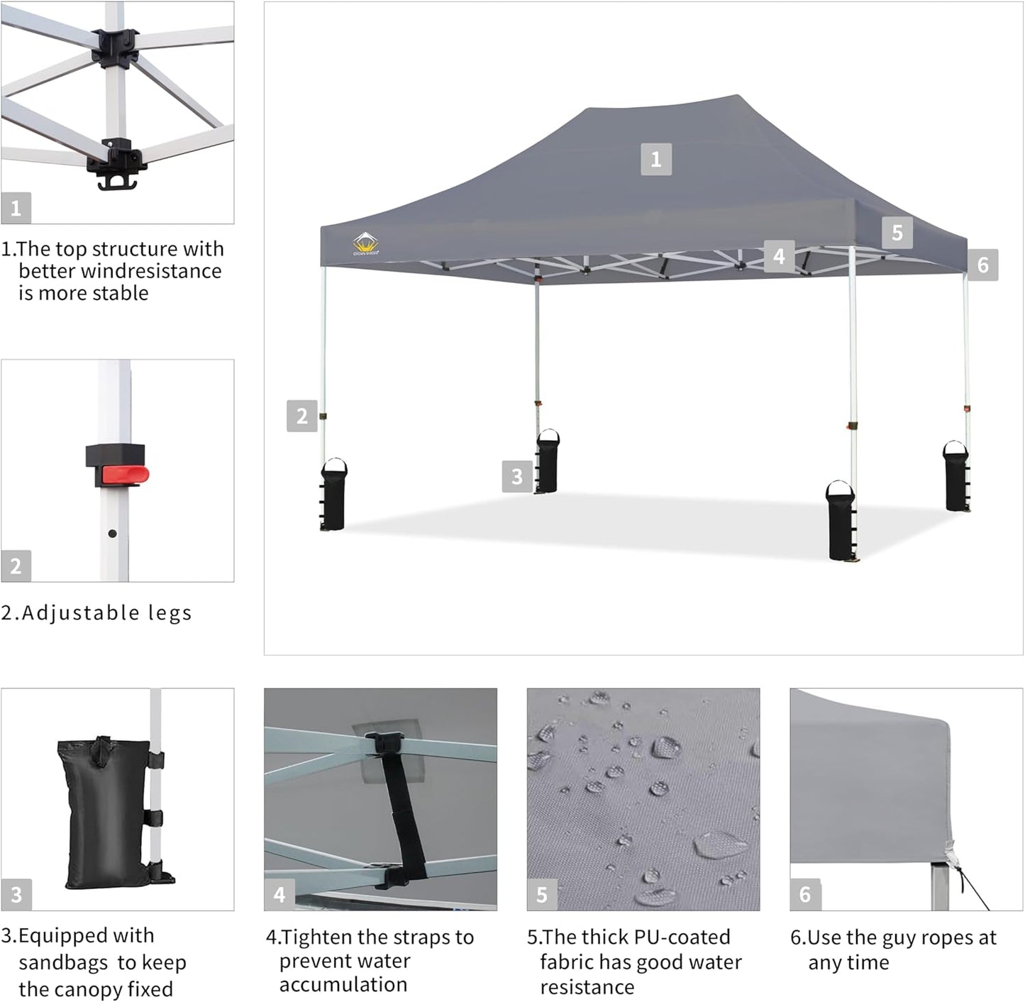 CROWN SHADES 10x15 Pop Up Canopy Tent, Thicken Frame Commercial Heavy Duty Tent, 8 Stakes & 4 Sandbags & 4 Ropes, Outdoor Canopies for Events, Parties,Grey