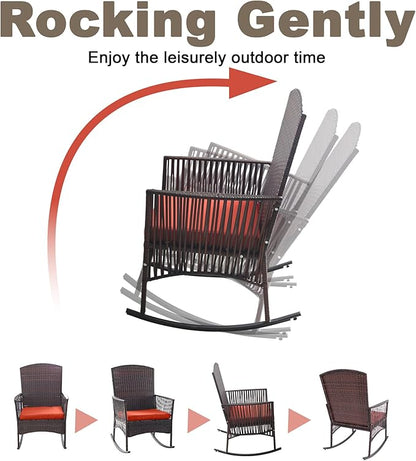 DECMICO Outdoor Rattan Wicker Rocking Chair 3 Pieces Patio Conversation Furniture Bistro Sets with Side Table and Cushions for Porch Garden and Balcony