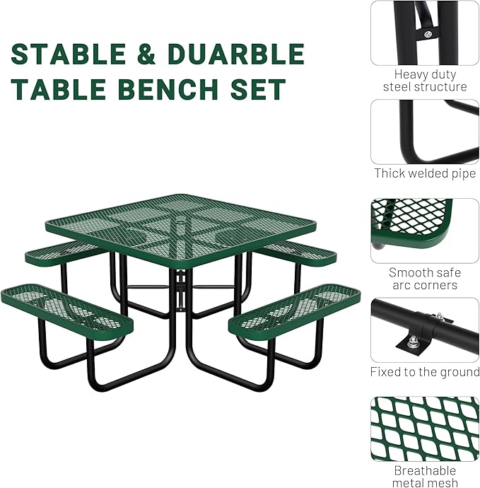 46" Square Picnic Table for Outside,Heavy Duty Metal Picnic Table Bench Set with 2in Umbrella Hole, 1600 lb Capacity,Commercial Dining Table Furniture for Garden Yard Patio Party Coffee Shop