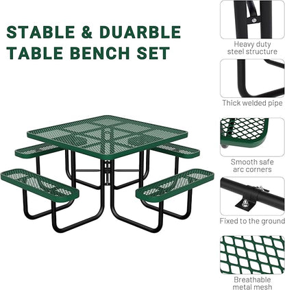 46" Square Picnic Table for Outside,Heavy Duty Metal Picnic Table Bench Set with 2in Umbrella Hole, 1600 lb Capacity,Commercial Dining Table Furniture for Garden Yard Patio Party Coffee Shop
