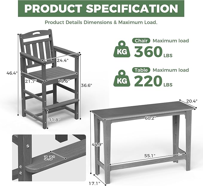 HDPE Outdoor Patio Bar Set with High Top Table and 2 Adirondack Chairs, All-Weather Bar Height Outside Rectangular Pub Furniture for Bistro, Garden, Backyard, Deck | 3-Pieces, Grey