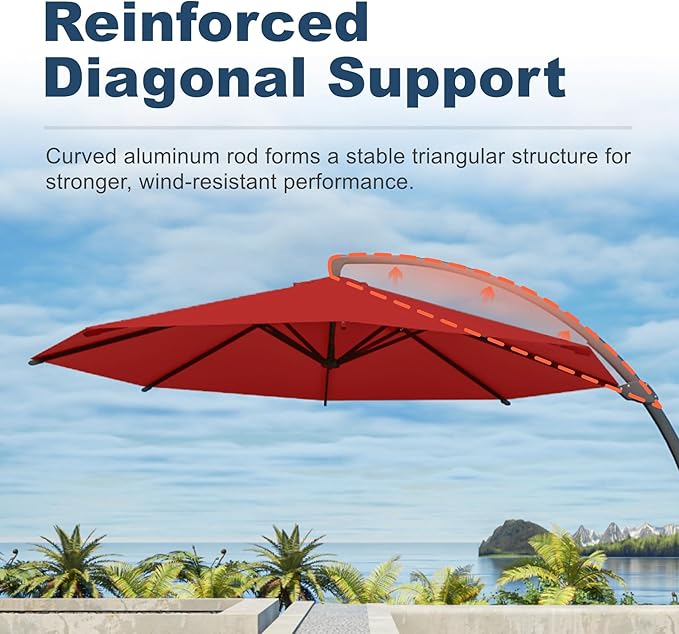 11FT Cantilever Umbrella with Base Large Curvy Outdoor Aluminum Offset Umbrella w/ 360° Rotation, UV Resistant Canopy for Patio, Garden, Backyard, Red