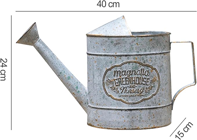 Vintage Galvanized Metal Watering Can, Magnolia Greenhouse Design, Decorative Watering Pot, Functional Garden Waterer for Indoor Outdoor Plant Care, Rustic Decor for Home Garden Patio