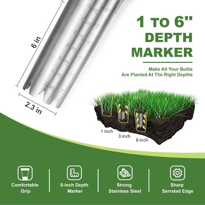 Haliaeetus Bulb Planter Tool, 6 inches Depth Mark Hand Bulb Planter, Non-Bending Stainless Steel Bulb Planter Digger, Garden Bulb Transplanter with Comfortable Wood Handle for Planting Tulip, Daffodil
