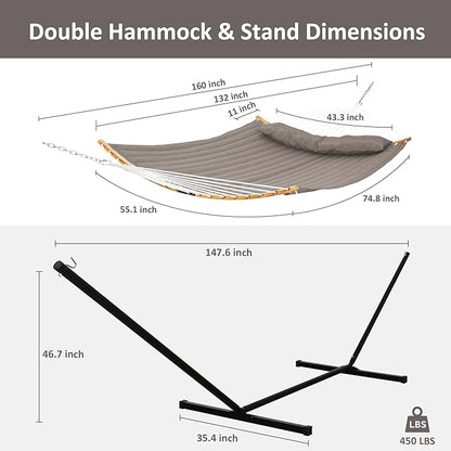 SUNCREAT Hammocks Portable Hammock with Frame, Backyard Double Hammock with Curved Spreader Bar, Brown