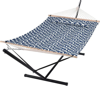 SUNCREAT Two Person Hammock with Stand, 475 lbs Capacity, Portable Patio Hammock with Hardwood Spreader Bar, Large Soft Pillow, Blue Pattern