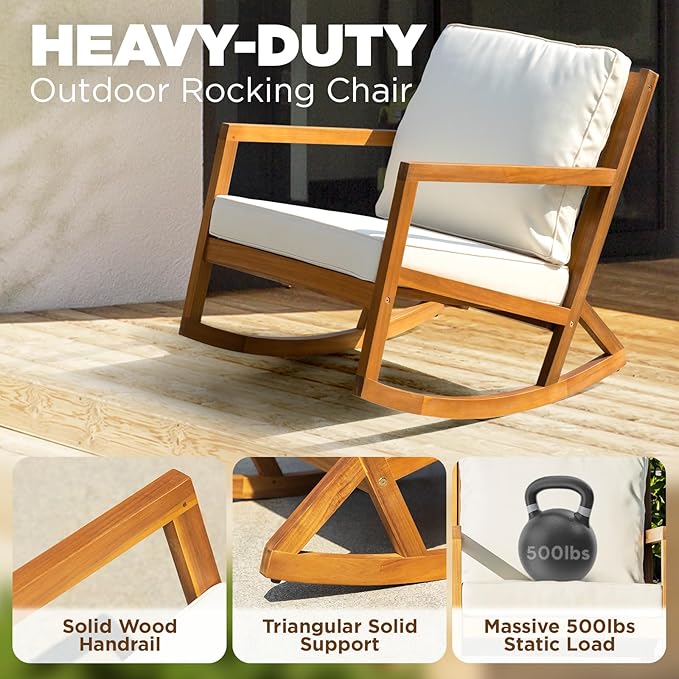 IDZO Rocking Chairs Design Heavy Duty 400lbs Capacity Wood Patio Bistro Set 3 Piece Outdoor