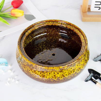 ARTKETTY Succulent Pots - 8 Inch Plant Pot, Large Bonsai Pots with Drainage, Ceramic Planters for Indoor Outdoor Plants, Round Shallow Cactus Flower Plant Container Bowl Decorative Home Garden