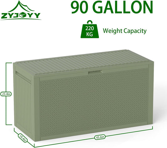 Outdoor Storage Box, 90 Gallon Deck Box, Waterproof Resin Storage Bin for Patio Cushions, Gardening Tools, Lockable, UV Resistant,Olive Green