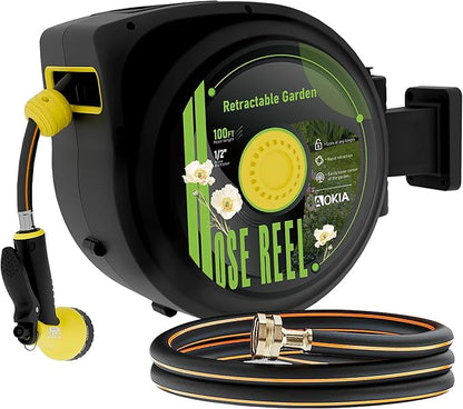 Aokia Retractable Garden Hose Reel, 100 ft x 1/2 inch Garden Hose with Auto Return System, Retractable Water Hose with 180°Swivel Wall Mounted Bracket, 9 Pattern Sprayer Nozzle & Any Length Lock