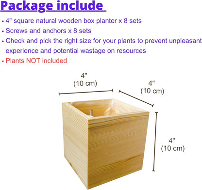 LaLaGreen Wooden Planter Box for Plants (4x4 Inch, 8 Pack) Small Square Wall Planters for Indoor Plant, Natural Wood Hanging Flower Pot Boxes Table Centerpiece Herb Balcony Home Garden Office Decor