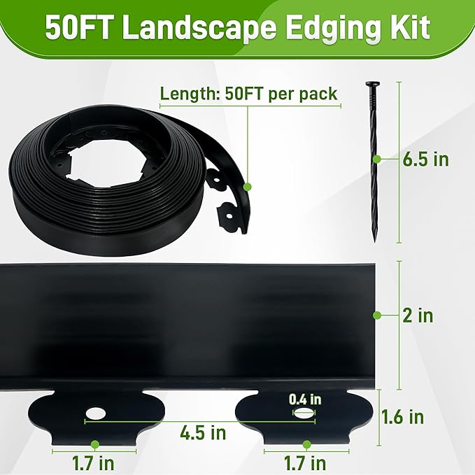 2 Inch x 50FT Landscape Edging Border with 45 Anchoring Spikes, No Dig Garden Border Edging Kit, Plastic Lawn Edging Border for Landscaping Garden Flower Beds Lawn Yard Paver Pathway, Black