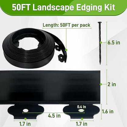 2 Inch x 50FT Landscape Edging Border with 45 Anchoring Spikes, No Dig Garden Border Edging Kit, Plastic Lawn Edging Border for Landscaping Garden Flower Beds Lawn Yard Paver Pathway, Black