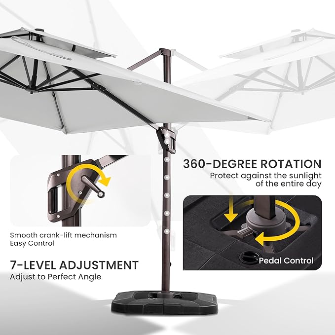 10x10 FT Cantilever Patio Umbrella with Base Included Double Top Outdoor Square Large Heavy Duty Aluminum Offset Umbrellas with 7 Level Tilt 360-degree Rotation for Pool Garden Deck,Fog Grey