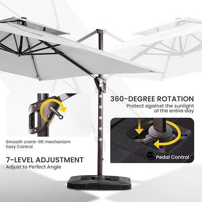 10x10 FT Cantilever Patio Umbrella with Base Included Double Top Outdoor Square Large Heavy Duty Aluminum Offset Umbrellas with 7 Level Tilt 360-degree Rotation for Pool Garden Deck,Fog Grey