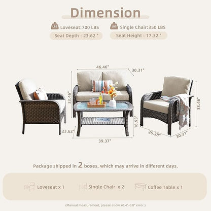 4-Piece Wicker Patio Furniture Set, All-Weather Rattan Conversation Bistro Loveseat Chair and Table Set for Backyard, Balcony and Deck with Soft Cushions and Metal Table(Tan)