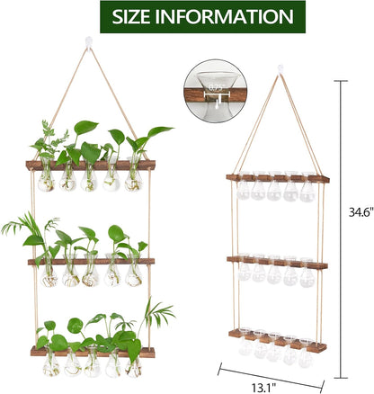 XXXFLOWER Wall Hanging Propagation Station with Wooden Stand 5 Bulb Vase 3 Tiered Planters Wall Terrarium for Home Office Plant Hanger Flower Vases Wall Decor(Brown)