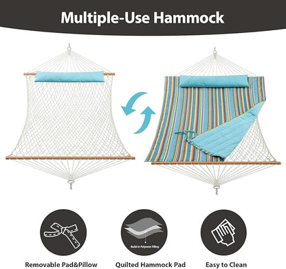Outdoor Double Hammock with Hardwood Spreader Bars, Large Rope Hammock with Polyester Pad and Pillow, 475 LBS Capacity for 2 Person Patio Backyard Poolside - Bule Stripe