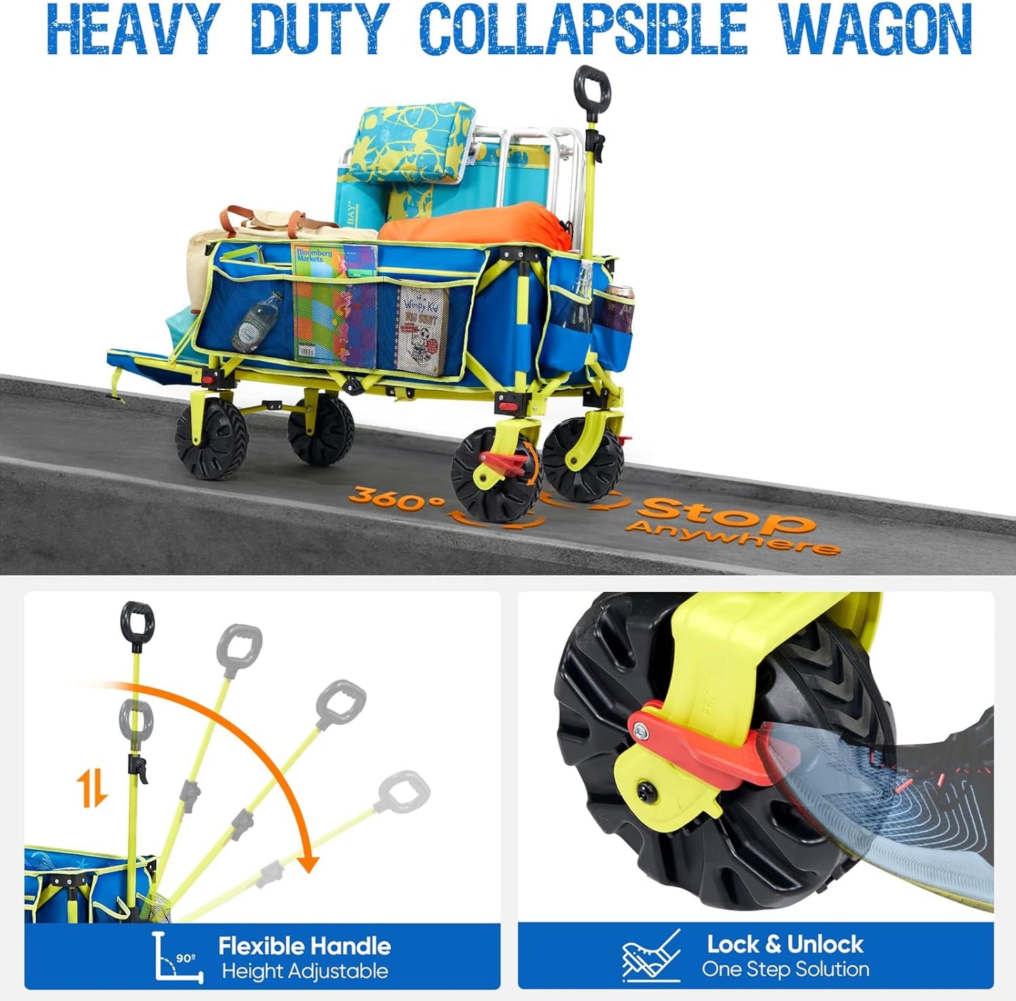 49" L Extra Long Beach Wagon with Tailgate,Big Wheels with Brake for Sand, Collapsible Utility Beach Cart Heavy Duty Folding Wagon,Ideal for Outdoor Sand Camping Garden Pet