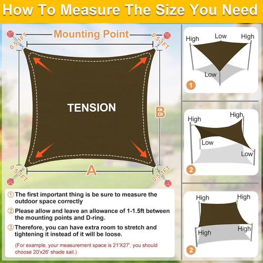 KANAGAWA Sun Shade Sail 13'x20' Brown Rectangle UV Block Canopy Awning Shelter Fabric Cloth Screen for Outdoor Patio Garden Backyard