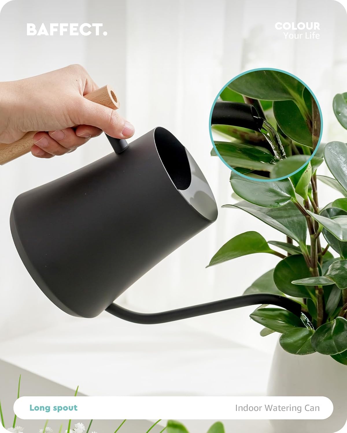 Baffect Indoor Watering Can, 1L/34OZ Metal Houseplant Watering Can with Wooden Handle, Curved Design Watering Can with Long Spout for Small Potted Plants (Black)