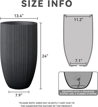 Kante 24 Inch Tall Round Concrete Planter, Large Indoor Outdoor Plant Pots with Drainage Hole and Rubber Plug, Modern Decorative Garden Pots for Home Patio Porch, Textured Black