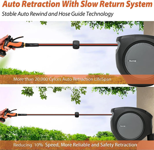 Ruvup Retractable Garden Hose Reel, 1/2in x 50ft Water Hose Reel with 10 Style Nozzle, UV Resistant Automatic Gardening Hose Reel Wall Mount for Outside, Slow Retraction Any Length Lock 180° Swivel