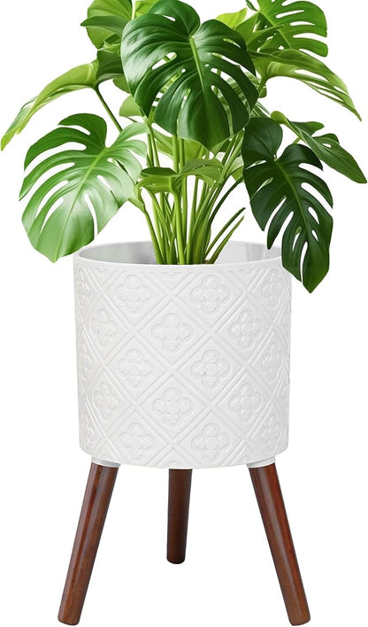 10 Inch Plant Pot with Stand, Planter for Indoor Plants, Modern Large Flower Planter Pot with Drainage Holes for Outdoor, Matte White