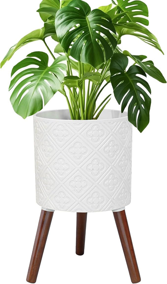 10 Inch Plant Pot with Stand, Planter for Indoor Plants, Modern Large Flower Planter Pot with Drainage Holes for Outdoor, Matte White