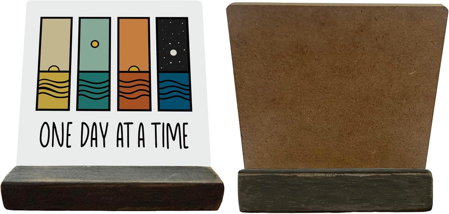 Primitive Wooden Sign, One Day at A Time, Desk Plaque with Wooden Stand 4 x 4.3 inches, Modern Decoration, Farmhouse Table Plaque Signs, Rustic Home Decor Plaque, Inspirational Sign, Uplifting Gift A