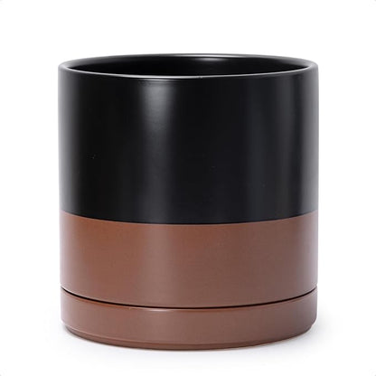 D'vine Dev 10 Inch, Ceramic Planter Pot with Drainage Hole and Saucer, Indoor Cylinder Round Planter Pot, Black/Speckled Tan, 94-O-E-7
