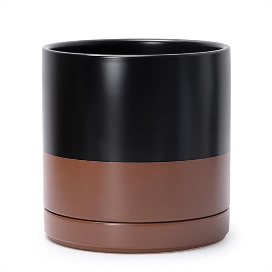 D'vine Dev 10 Inch, Ceramic Planter Pot with Drainage Hole and Saucer, Indoor Cylinder Round Planter Pot, Black/Speckled Tan, 94-O-E-7