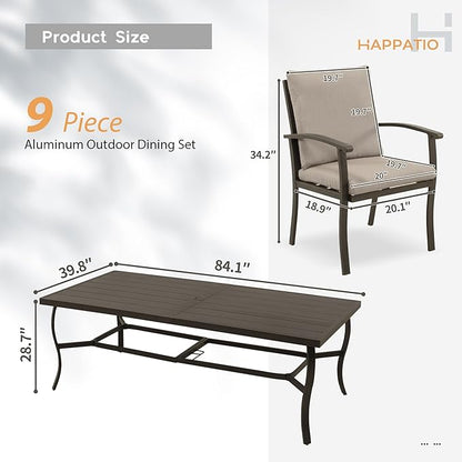 HAPPATIO Aluminum 9 Piece Patio Dining Set - Aluminum Outdoor Dining Set for 8, Patio Dining Table and Chairs Set, Patio Furniture with Table and Chairs (Black)