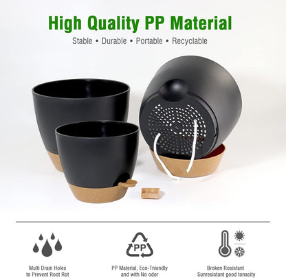 Large Self Watering Pots, 12/10/9 Plastic Planters with High Drainage Holes and Deep Reservoir for Indoor Outdoor Garden Plants and Flowers, Black with Brown