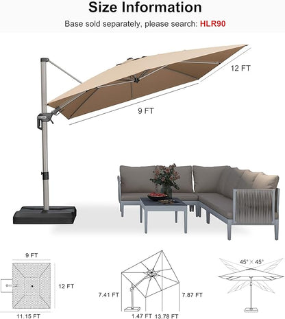 PURPLE LEAF 9' X 12' Left-right Tilting Patio Umbrella Outdoor Swivel Cantilever Umbrella Aluminum Offset Umbrella with Champagne Frame and 360-degree Rotation for Garden Deck Pool, Taupe