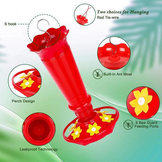 FEED GARDEN 10oz Plastic Hummingbird Feeders for Outdoors - 1 Pack Red, Ant & Bee Proof, 6 Feeding Ports, Easy Clean Red Nectar Feeders for Outside Hanging, Gifts for Mom