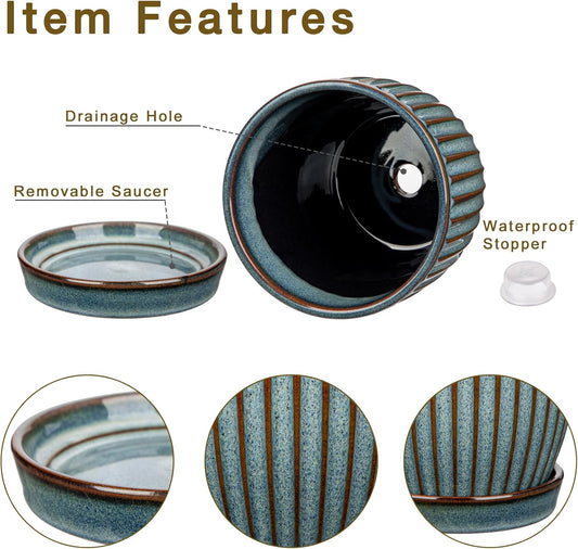 Oairse Ceramic Pots for Indoor Plants, 4.9 +5.7 inch Pots for Plants Set of 2 Marble Blue Plant Pots with Drainage Holes and Saucers Texture Ceramic Planters Indoor Outdoor Flower Pots for Succulent