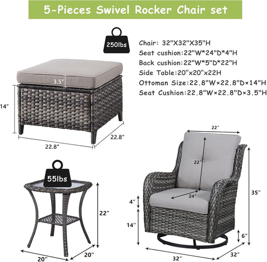 Outdoor Wicker Patio Furniture Set - 5 Pieces Rattan Patio Conversation Set with 2 Rocking Swivel Chairs,2 Ottomans and 1 Side Table for Porch Deck Backyard Garden(Mixed Grey/Grey)