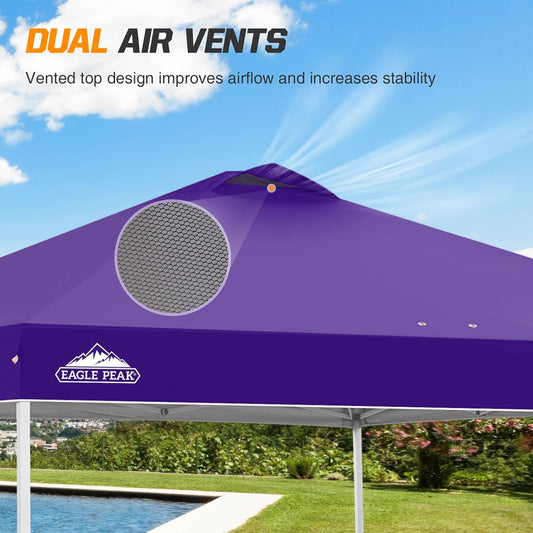 EAGLE PEAK Pop Up Canopy Tent with Wheeled Carry Bag, 8 Stakes, 4 Ropes, 4 Weight Bags, Easy Set Up Tent Canopy, 10x10 ft, 100sqft of Shade, Purple