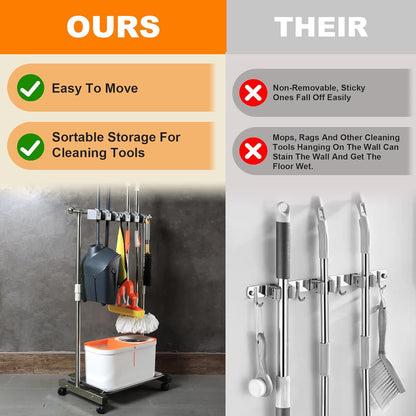 Stainless Steel Mop and Broom Holder with Wheels - Keep Your Cleaning Tools Organized! (S)