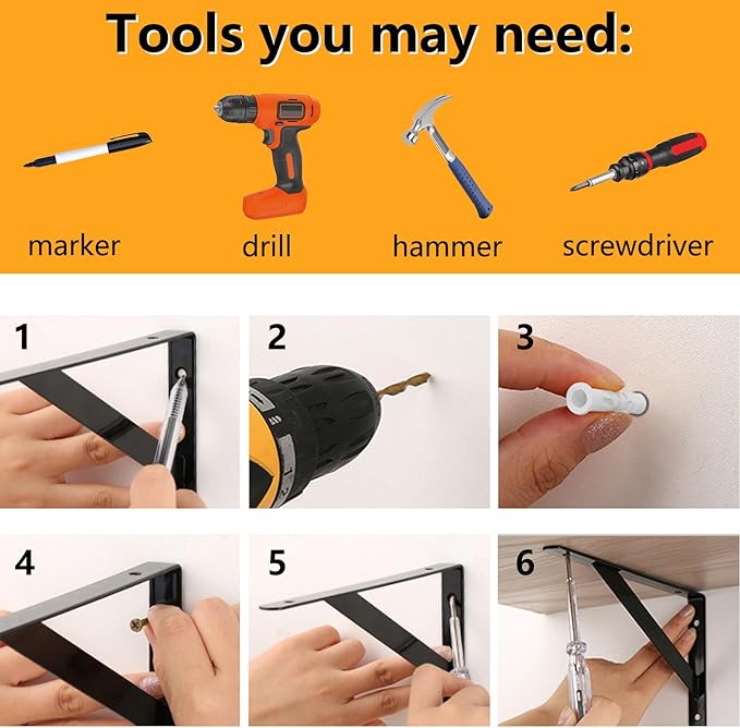 Heavy Duty Shelf Brackets, 8 in X 5 in Wall Mount L Steel Bracket for Floating Shelf, Black, 4 Pack