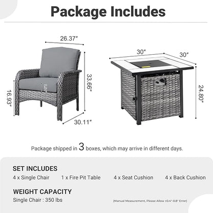 ovios 4 Pieces Patio Furniture Set with 30" Fire Pit Table, Outdoor Wicker Chairs of 4, All Weather High Back Rattan Chairs 4-Seater with Comfy Cushions, Dark Grey