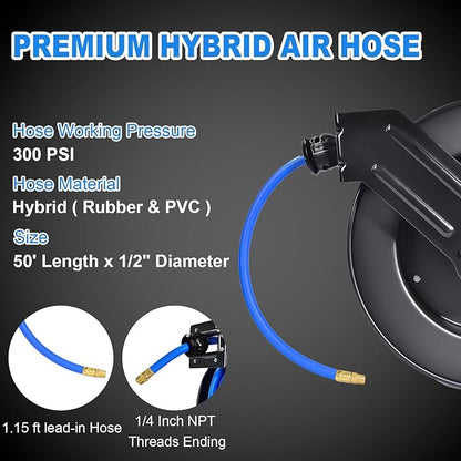 Heavy Duty Retractable Air Hose Reel, 1/2 IN x 50 FT Hybrid Air Hose, Max 300PSI Air Compressor Hose Reel with Auto Rewind, Ceiling/Wall Mount Single Arm Premium Steel Reel for Garage Workshop